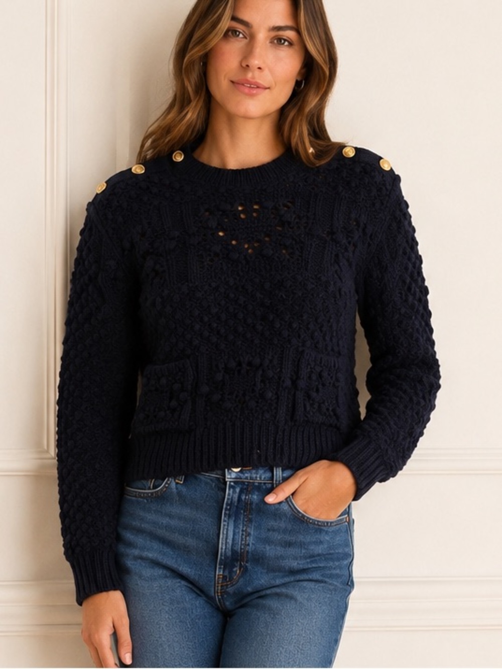 Frame Navy Alpaca Wool Cable-Knit Sweater Gold Button Detail Small NWT $398 MSRP - Picture 3 of 14
